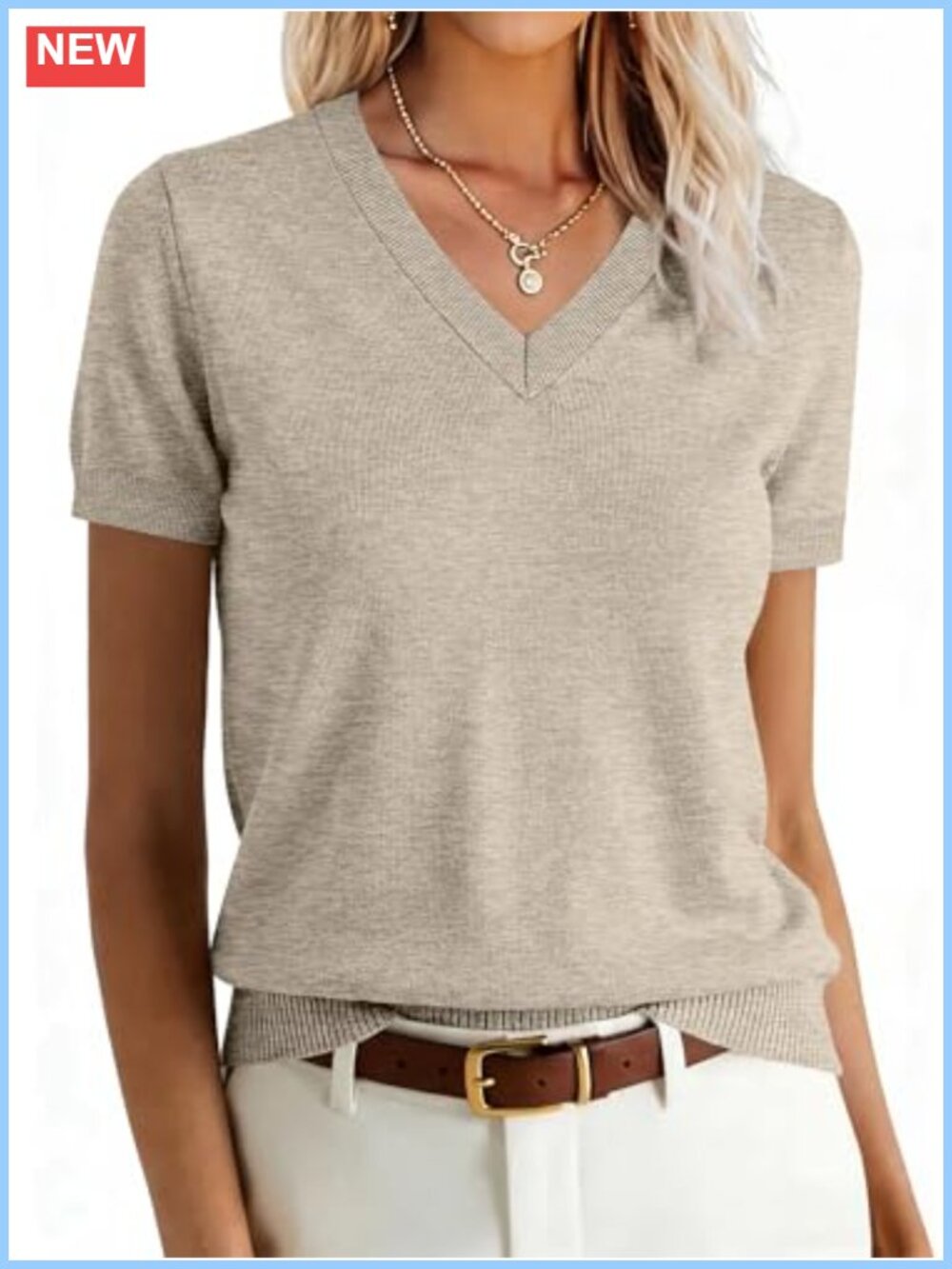 Wool Blend V-Neck Short Sleeve Pullover Sweater Business Casual